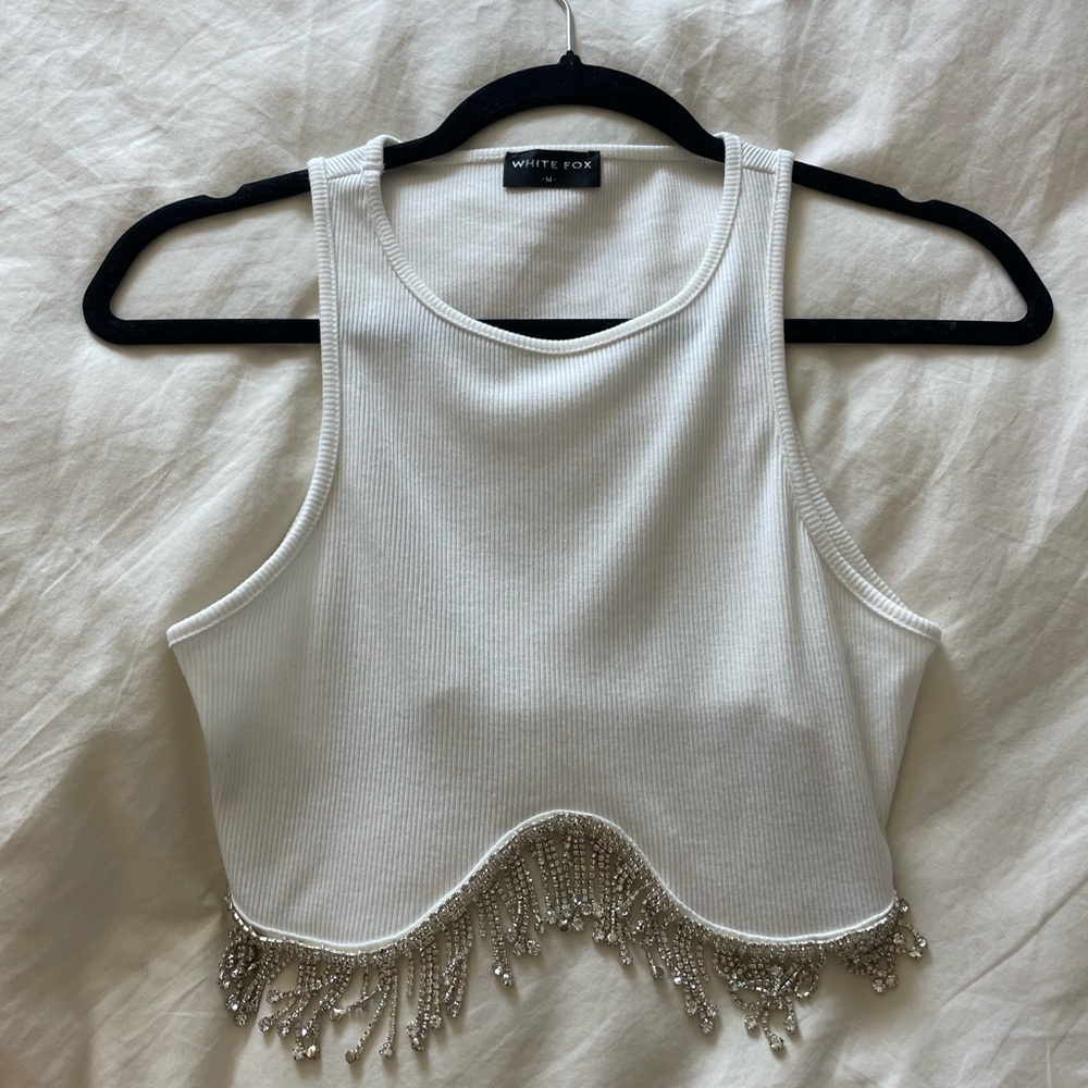White Fox crystal drop crop top